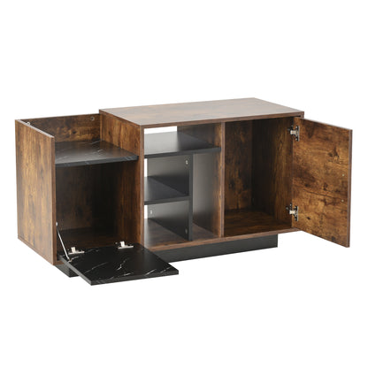 Coffee Table with Storage, Large Solid Wood Storage Table with 2 Cabinets and 5 Shelves, Rustic Cocktail Table with Storage Shelf, Wooden Central Table for Living Room