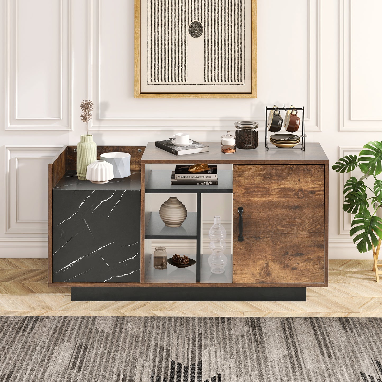 Coffee Table with Storage, Large Solid Wood Storage Table with 2 Cabinets and 5 Shelves, Rustic Cocktail Table with Storage Shelf, Wooden Central Table for Living Room