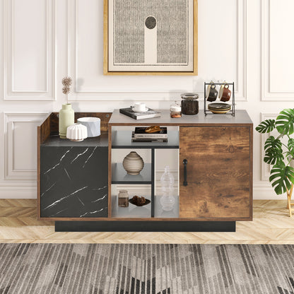 Coffee Table with Storage, Large Solid Wood Storage Table with 2 Cabinets and 5 Shelves, Rustic Cocktail Table with Storage Shelf, Wooden Central Table for Living Room