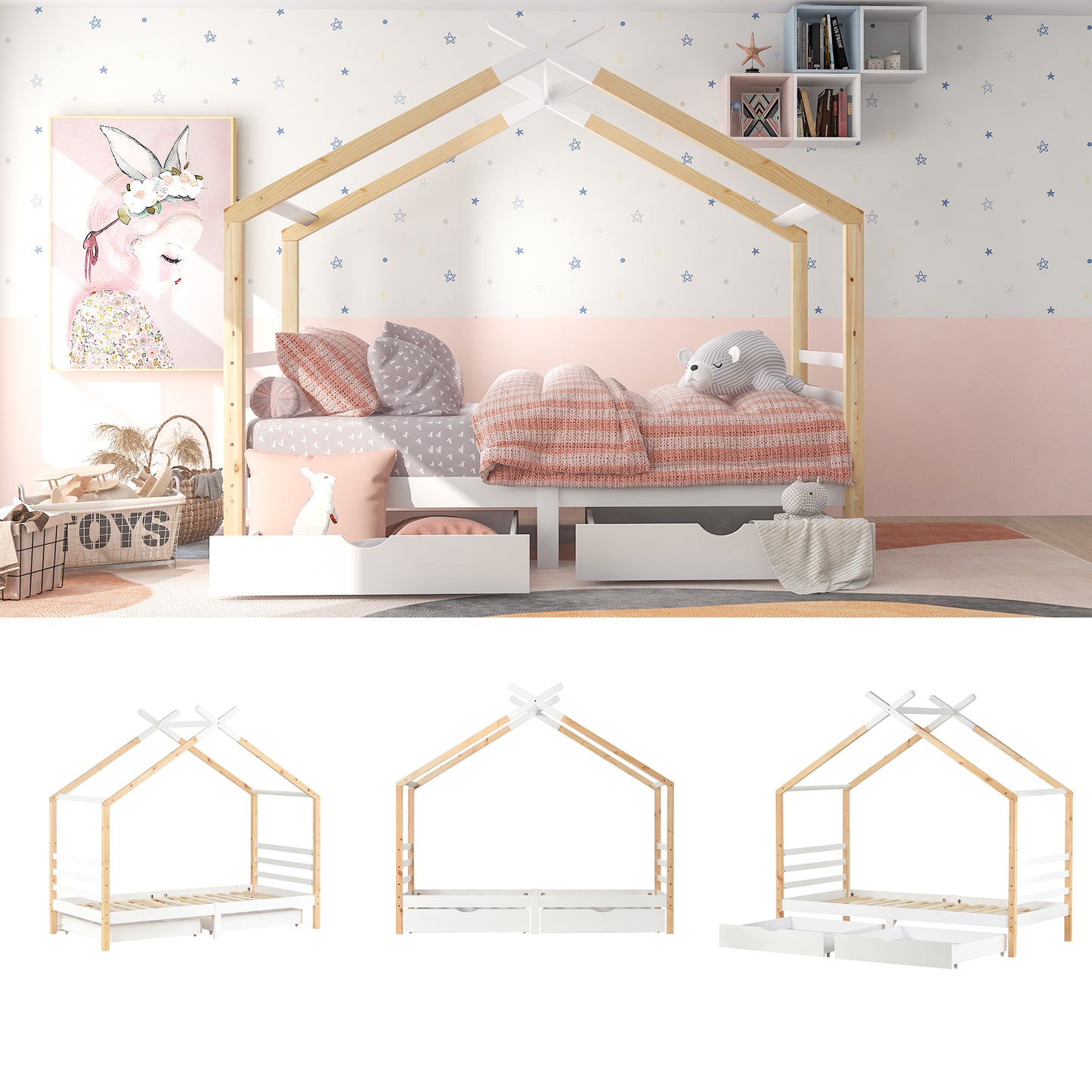 Wooden Single Cabin Bed, House Bed with Two Storage Drawers, Playhouse Bed with Roof for Children Girls and Boys, 190*90 in Natural and White, Easy Assembly