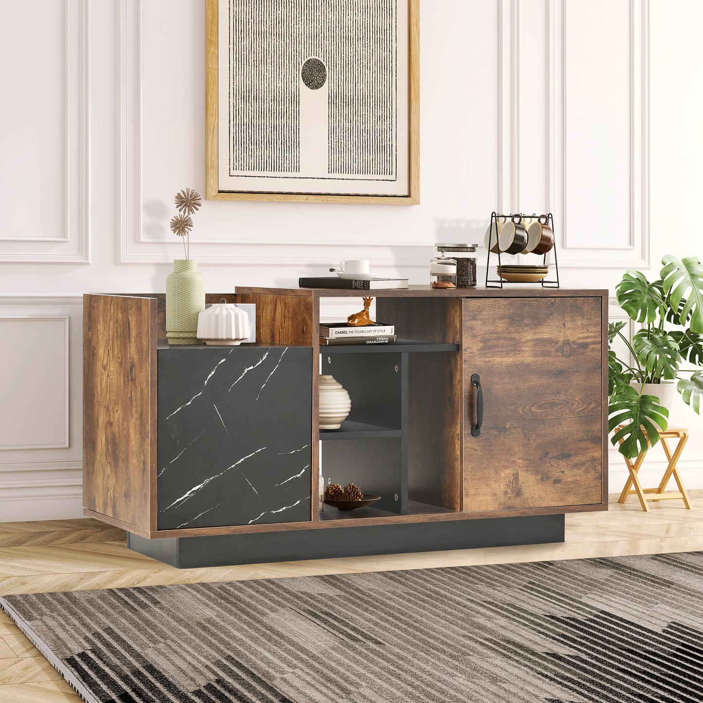 Coffee Table with Storage, Large Solid Wood Storage Table with 2 Cabinets and 5 Shelves, Rustic Cocktail Table with Storage Shelf, Wooden Central Table for Living Room