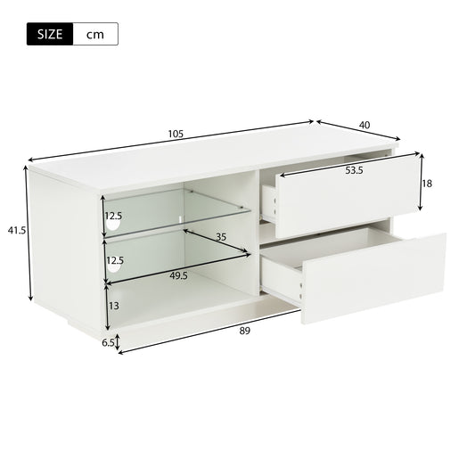 High Gloss Coffee Table, Modern Style MDF Furniture Coffee Table Chipboard Storage Table with LED and Drawer Light for Living Room (White)