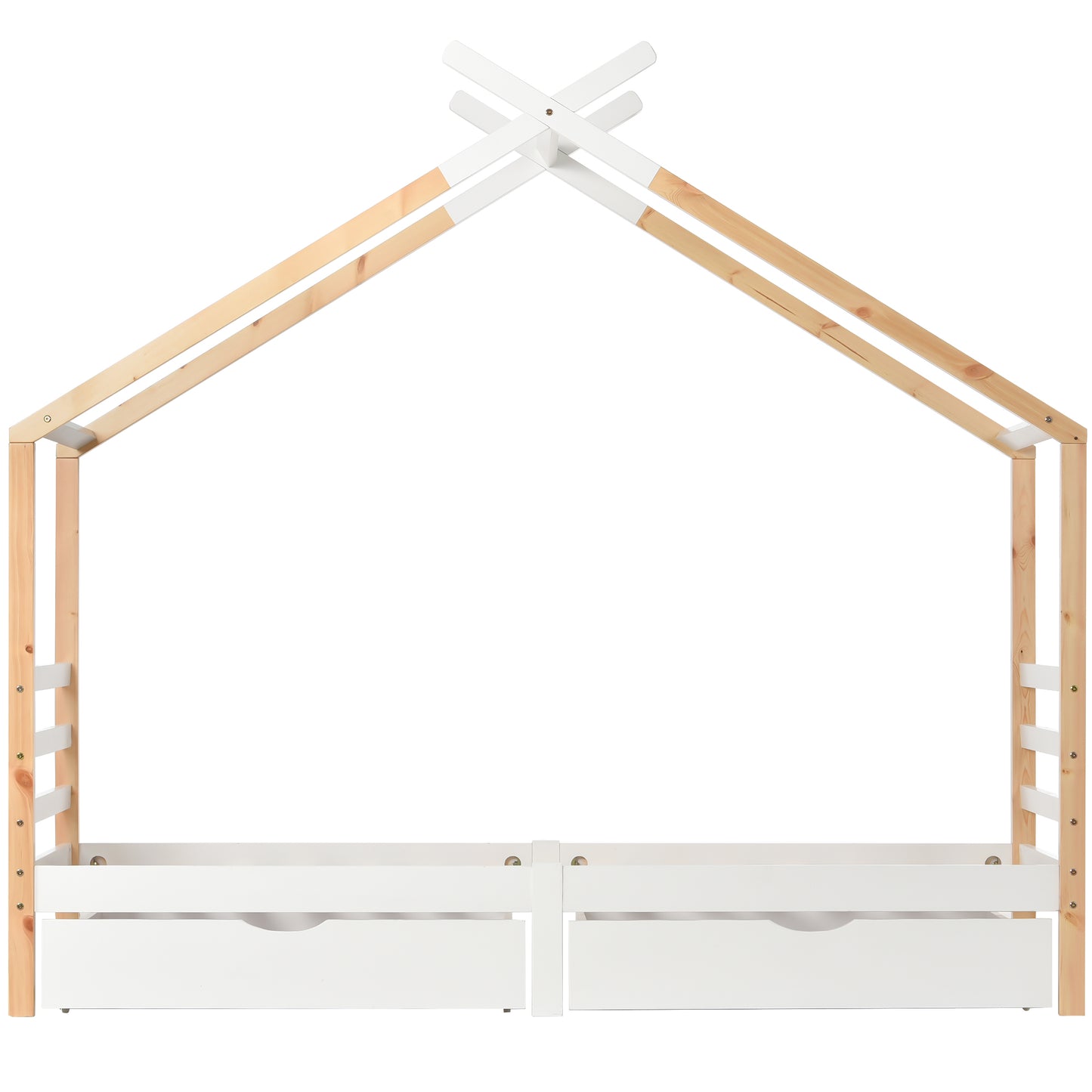 Wooden Single Cabin Bed, House Bed with Two Storage Drawers, Playhouse Bed with Roof for Children Girls and Boys, 190*90 in Natural and White, Easy Assembly