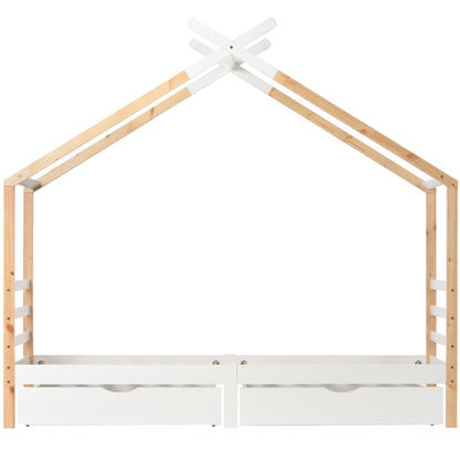 Wooden Single Cabin Bed, House Bed with Two Storage Drawers, Playhouse Bed with Roof for Children Girls and Boys, 190*90 in Natural and White, Easy Assembly