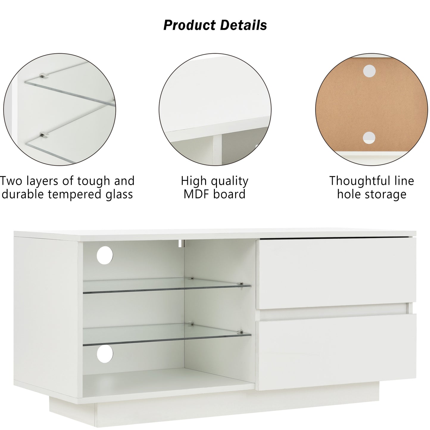 High Gloss Coffee Table, Modern Style MDF Furniture Coffee Table Chipboard Storage Table with LED and Drawer Light for Living Room (White)