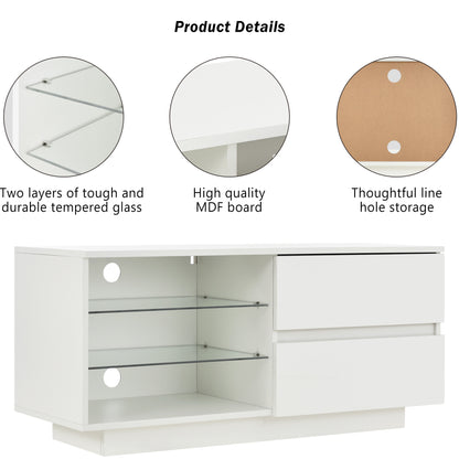 High Gloss Coffee Table, Modern Style MDF Furniture Coffee Table Chipboard Storage Table with LED and Drawer Light for Living Room (White)