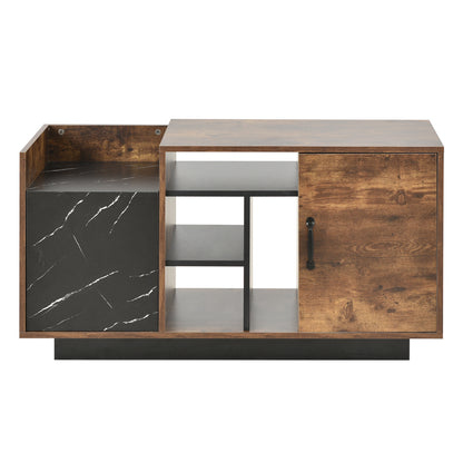 Coffee Table with Storage, Large Solid Wood Storage Table with 2 Cabinets and 5 Shelves, Rustic Cocktail Table with Storage Shelf, Wooden Central Table for Living Room