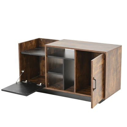 Coffee Table with Storage, Large Solid Wood Storage Table with 2 Cabinets and 5 Shelves, Rustic Cocktail Table with Storage Shelf, Wooden Central Table for Living Room