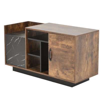 Coffee Table with Storage, Large Solid Wood Storage Table with 2 Cabinets and 5 Shelves, Rustic Cocktail Table with Storage Shelf, Wooden Central Table for Living Room