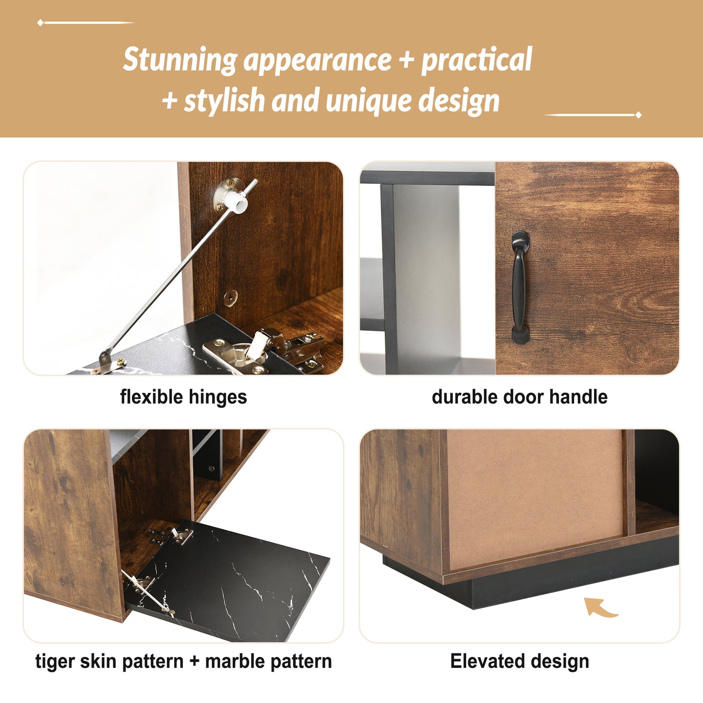 Coffee Table with Storage, Large Solid Wood Storage Table with 2 Cabinets and 5 Shelves, Rustic Cocktail Table with Storage Shelf, Wooden Central Table for Living Room