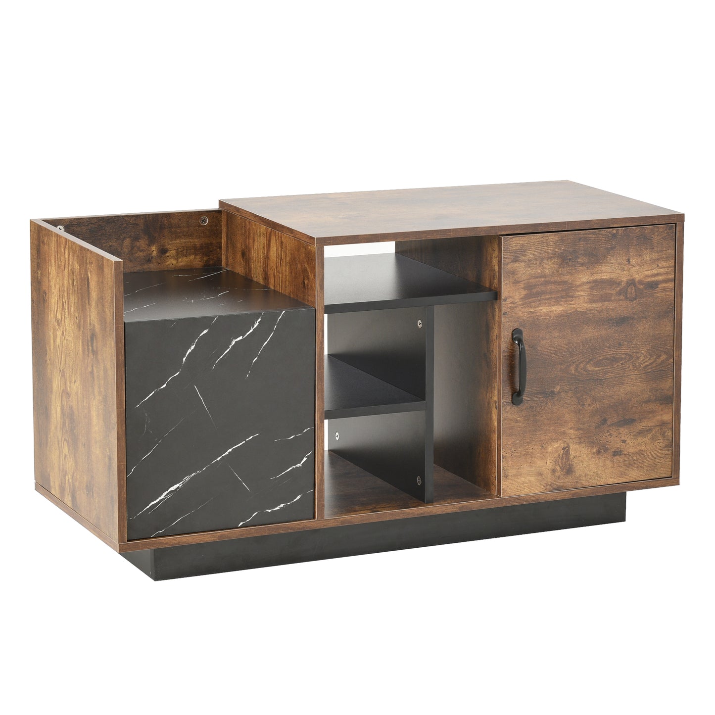 Coffee Table with Storage, Large Solid Wood Storage Table with 2 Cabinets and 5 Shelves, Rustic Cocktail Table with Storage Shelf, Wooden Central Table for Living Room