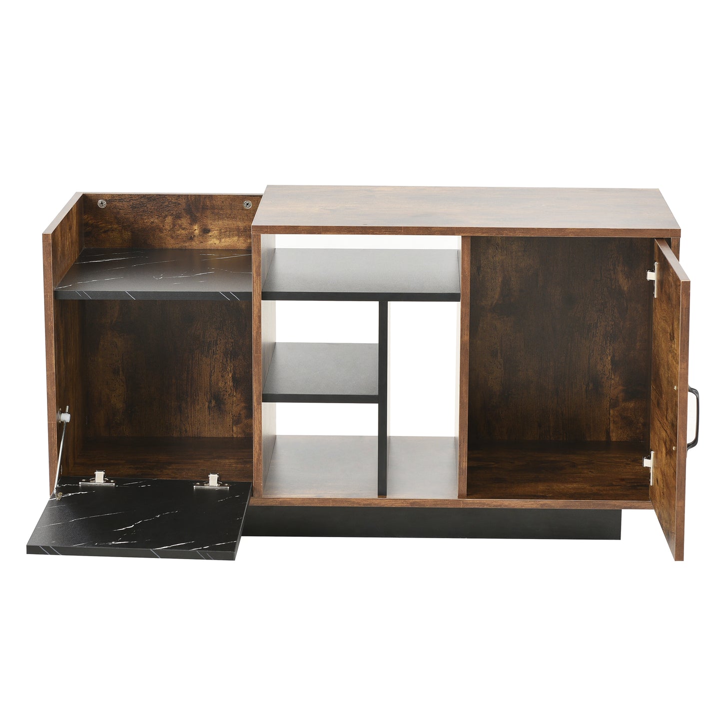Coffee Table with Storage, Large Solid Wood Storage Table with 2 Cabinets and 5 Shelves, Rustic Cocktail Table with Storage Shelf, Wooden Central Table for Living Room