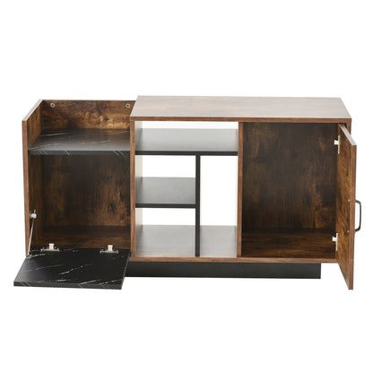 Coffee Table with Storage, Large Solid Wood Storage Table with 2 Cabinets and 5 Shelves, Rustic Cocktail Table with Storage Shelf, Wooden Central Table for Living Room