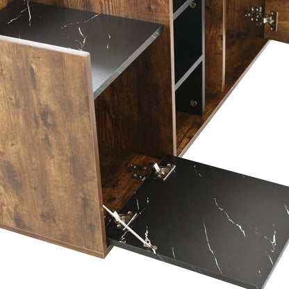 Coffee Table with Storage, Large Solid Wood Storage Table with 2 Cabinets and 5 Shelves, Rustic Cocktail Table with Storage Shelf, Wooden Central Table for Living Room