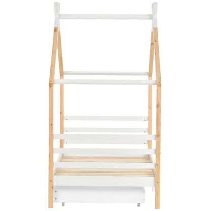 Wooden Single Cabin Bed, House Bed with Two Storage Drawers, Playhouse Bed with Roof for Children Girls and Boys, 190*90 in Natural and White, Easy Assembly
