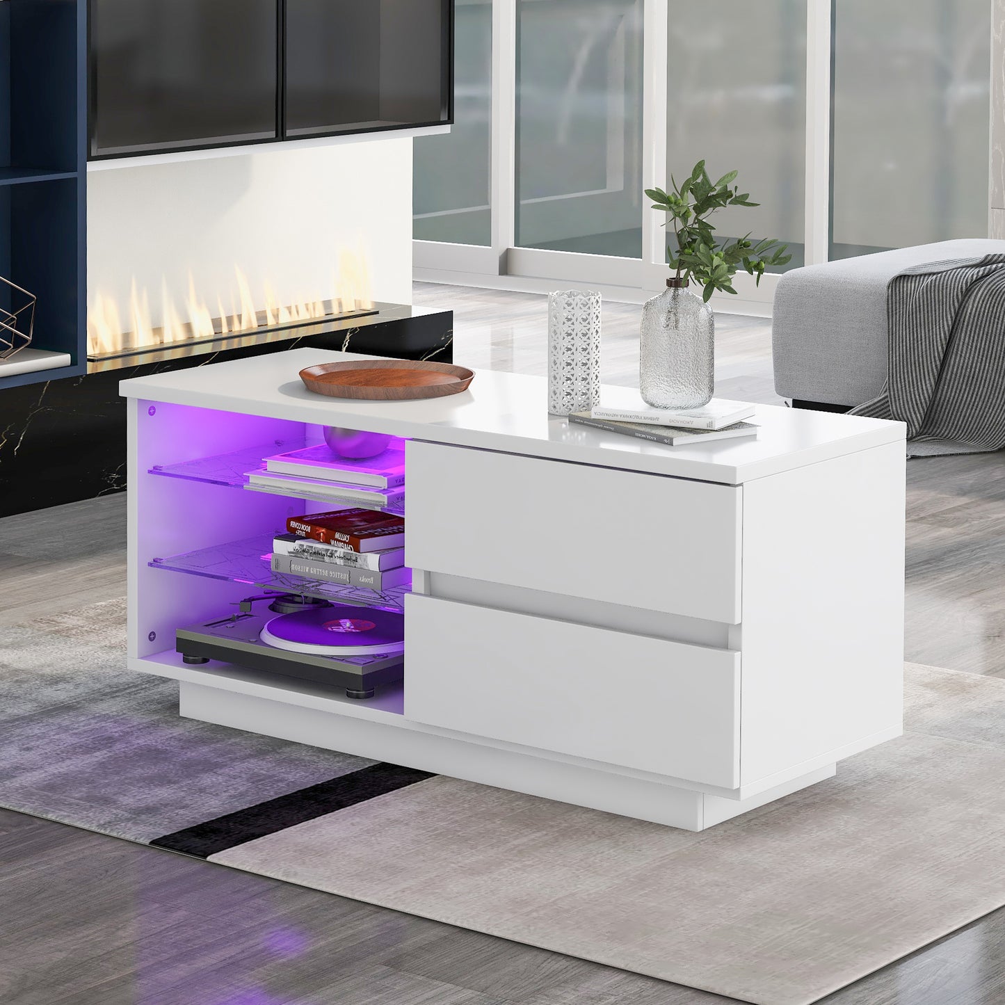 High Gloss Coffee Table, Modern Style MDF Furniture Coffee Table Chipboard Storage Table with LED and Drawer Light for Living Room (White)