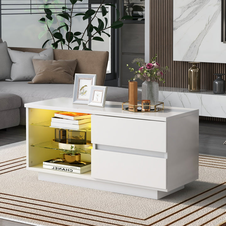 High Gloss Coffee Table, Modern Style MDF Furniture Coffee Table Chipboard Storage Table with LED and Drawer Light for Living Room (White)