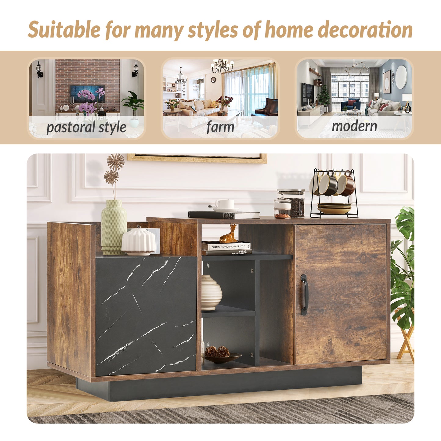 Coffee Table with Storage, Large Solid Wood Storage Table with 2 Cabinets and 5 Shelves, Rustic Cocktail Table with Storage Shelf, Wooden Central Table for Living Room