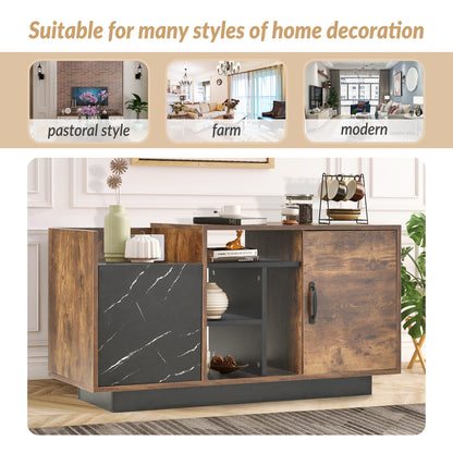 Coffee Table with Storage, Large Solid Wood Storage Table with 2 Cabinets and 5 Shelves, Rustic Cocktail Table with Storage Shelf, Wooden Central Table for Living Room