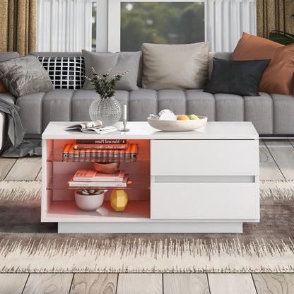 High Gloss Coffee Table, Modern Style MDF Furniture Coffee Table Chipboard Storage Table with LED and Drawer Light for Living Room (White)