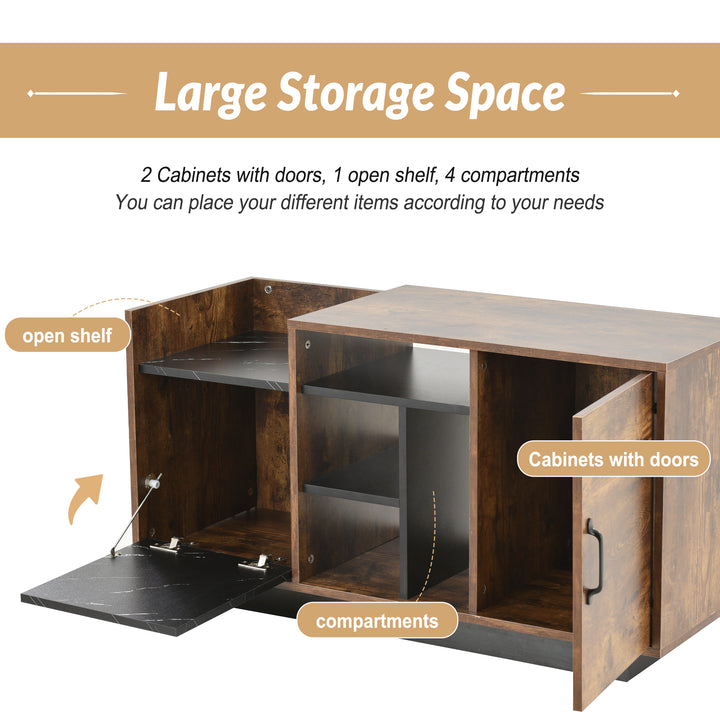 Coffee Table with Storage, Large Solid Wood Storage Table with 2 Cabinets and 5 Shelves, Rustic Cocktail Table with Storage Shelf, Wooden Central Table for Living Room