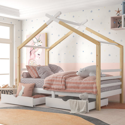 Wooden Single Cabin Bed, House Bed with Two Storage Drawers, Playhouse Bed with Roof for Children Girls and Boys, 190*90 in Natural and White, Easy Assembly