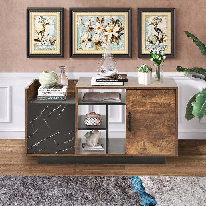 Coffee Table with Storage, Large Solid Wood Storage Table with 2 Cabinets and 5 Shelves, Rustic Cocktail Table with Storage Shelf, Wooden Central Table for Living Room