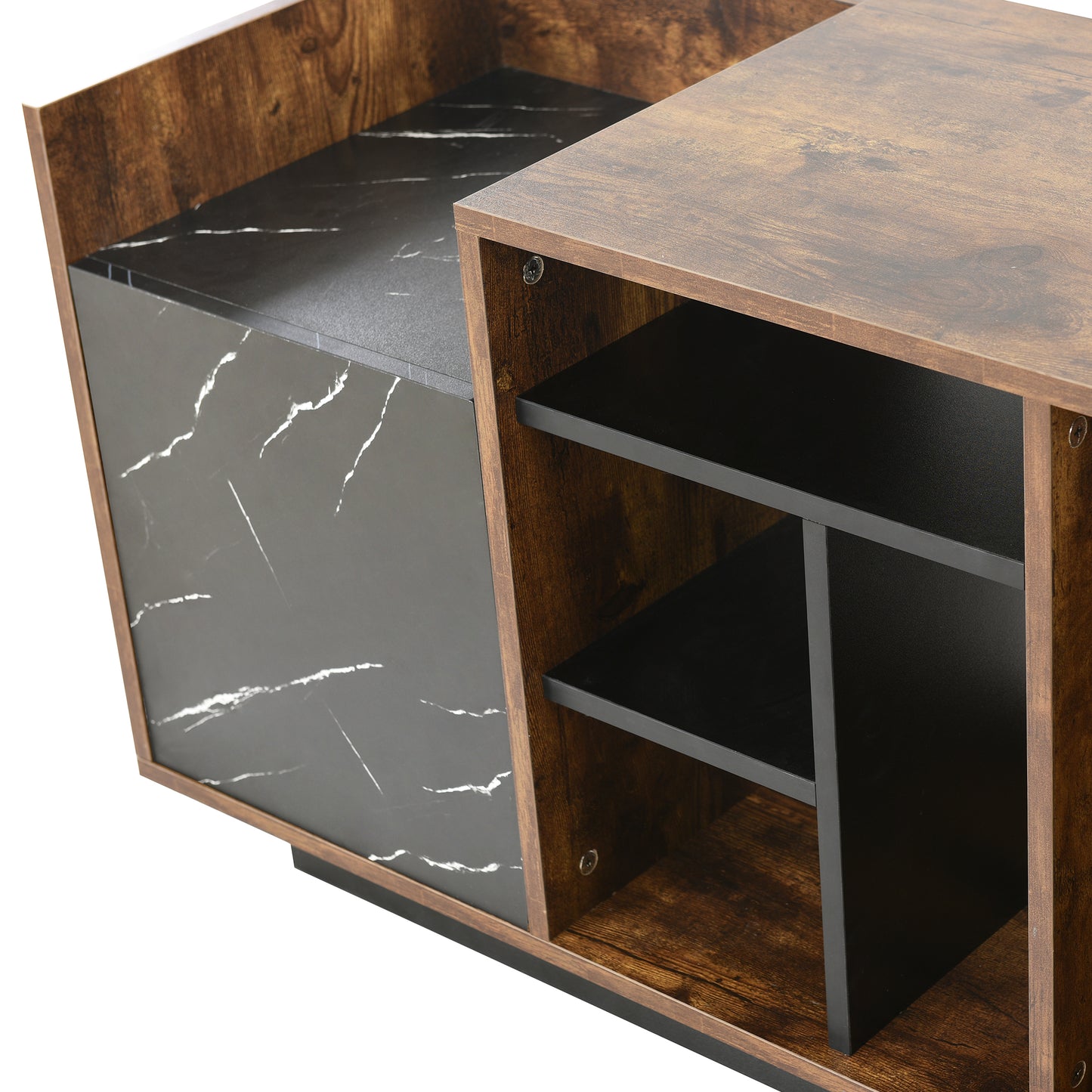 Coffee Table with Storage, Large Solid Wood Storage Table with 2 Cabinets and 5 Shelves, Rustic Cocktail Table with Storage Shelf, Wooden Central Table for Living Room