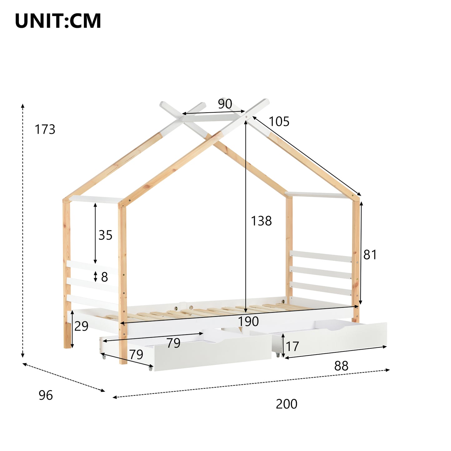 Wooden Single Cabin Bed, House Bed with Two Storage Drawers, Playhouse Bed with Roof for Children Girls and Boys, 190*90 in Natural and White, Easy Assembly