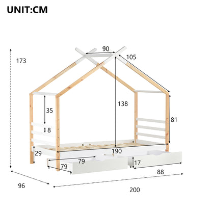 Wooden Single Cabin Bed, House Bed with Two Storage Drawers, Playhouse Bed with Roof for Children Girls and Boys, 190*90 in Natural and White, Easy Assembly