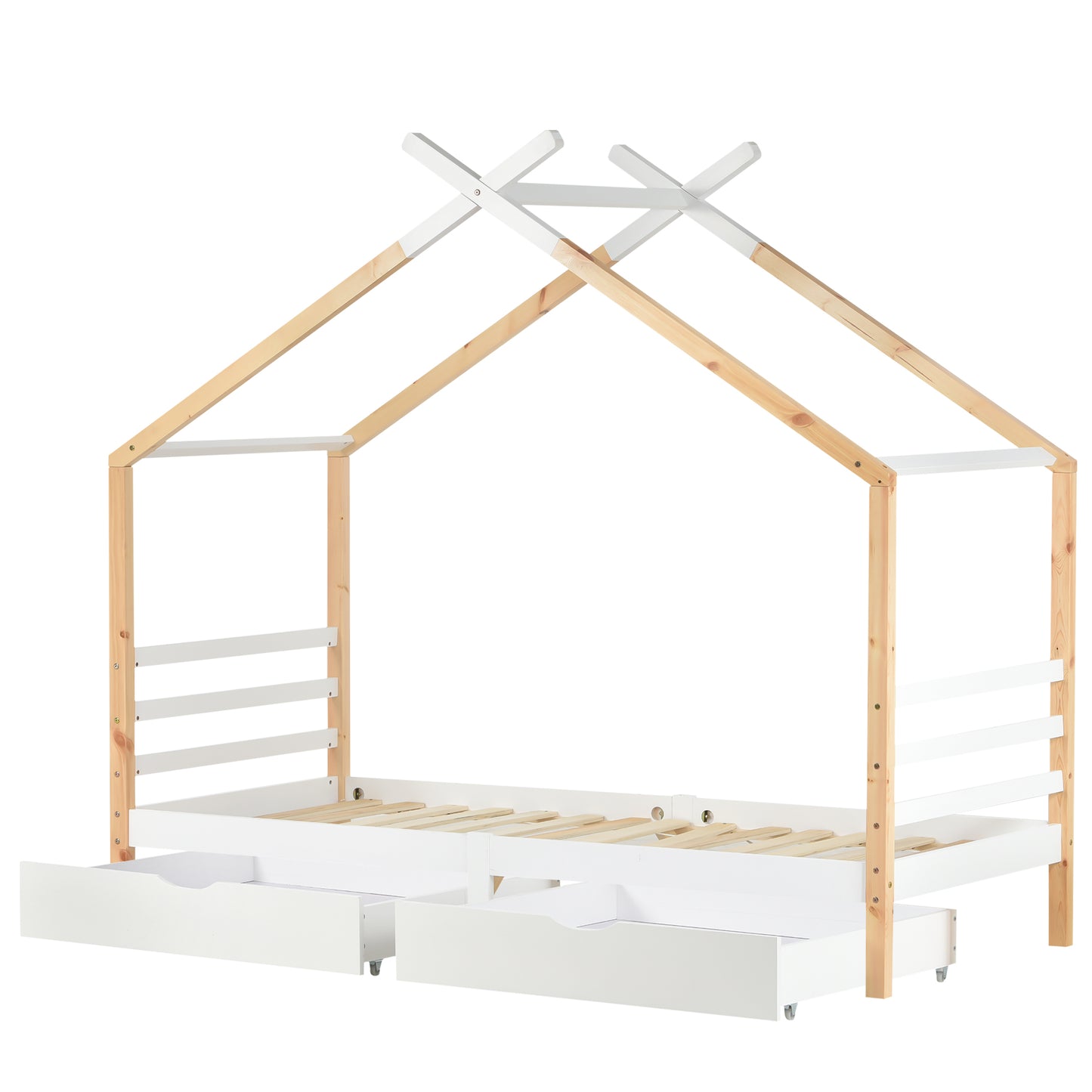 Wooden Single Cabin Bed, House Bed with Two Storage Drawers, Playhouse Bed with Roof for Children Girls and Boys, 190*90 in Natural and White, Easy Assembly