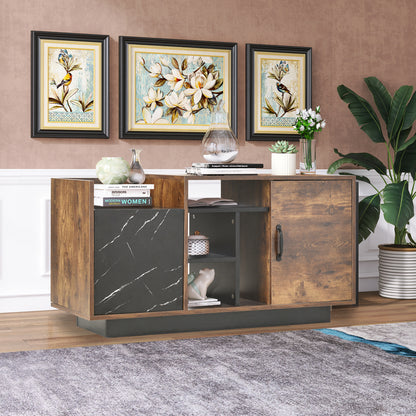 Coffee Table with Storage, Large Solid Wood Storage Table with 2 Cabinets and 5 Shelves, Rustic Cocktail Table with Storage Shelf, Wooden Central Table for Living Room