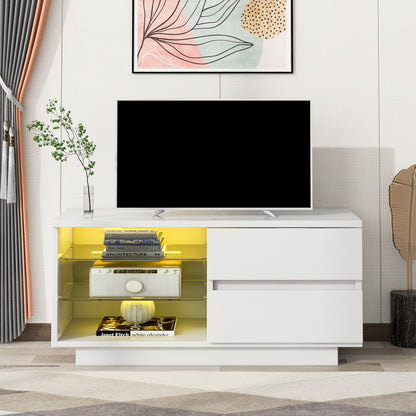 High Gloss Coffee Table, Modern Style MDF Furniture Coffee Table Chipboard Storage Table with LED and Drawer Light for Living Room (White)