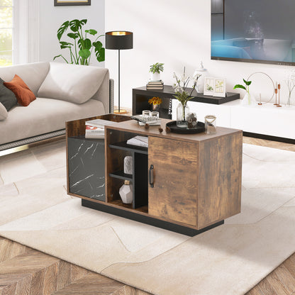 Coffee Table with Storage, Large Solid Wood Storage Table with 2 Cabinets and 5 Shelves, Rustic Cocktail Table with Storage Shelf, Wooden Central Table for Living Room