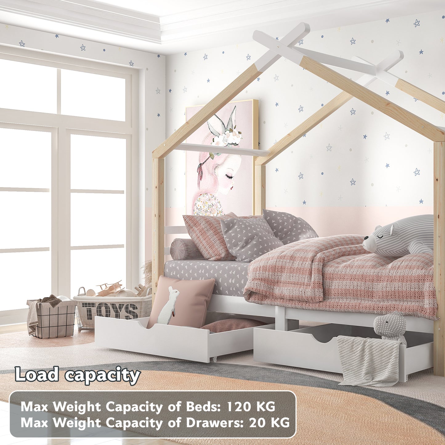 Wooden Single Cabin Bed, House Bed with Two Storage Drawers, Playhouse Bed with Roof for Children Girls and Boys, 190*90 in Natural and White, Easy Assembly