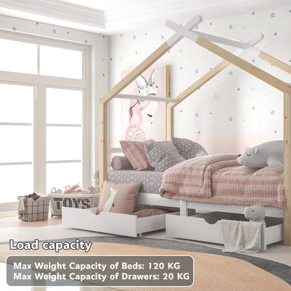 Wooden Single Cabin Bed, House Bed with Two Storage Drawers, Playhouse Bed with Roof for Children Girls and Boys, 190*90 in Natural and White, Easy Assembly