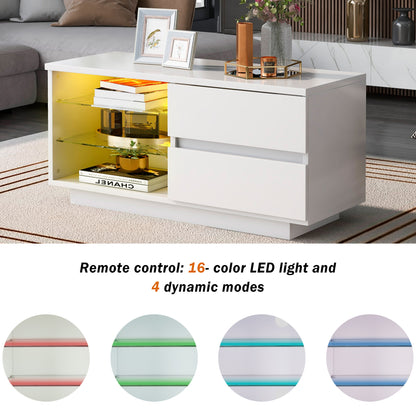 High Gloss Coffee Table, Modern Style MDF Furniture Coffee Table Chipboard Storage Table with LED and Drawer Light for Living Room (White)