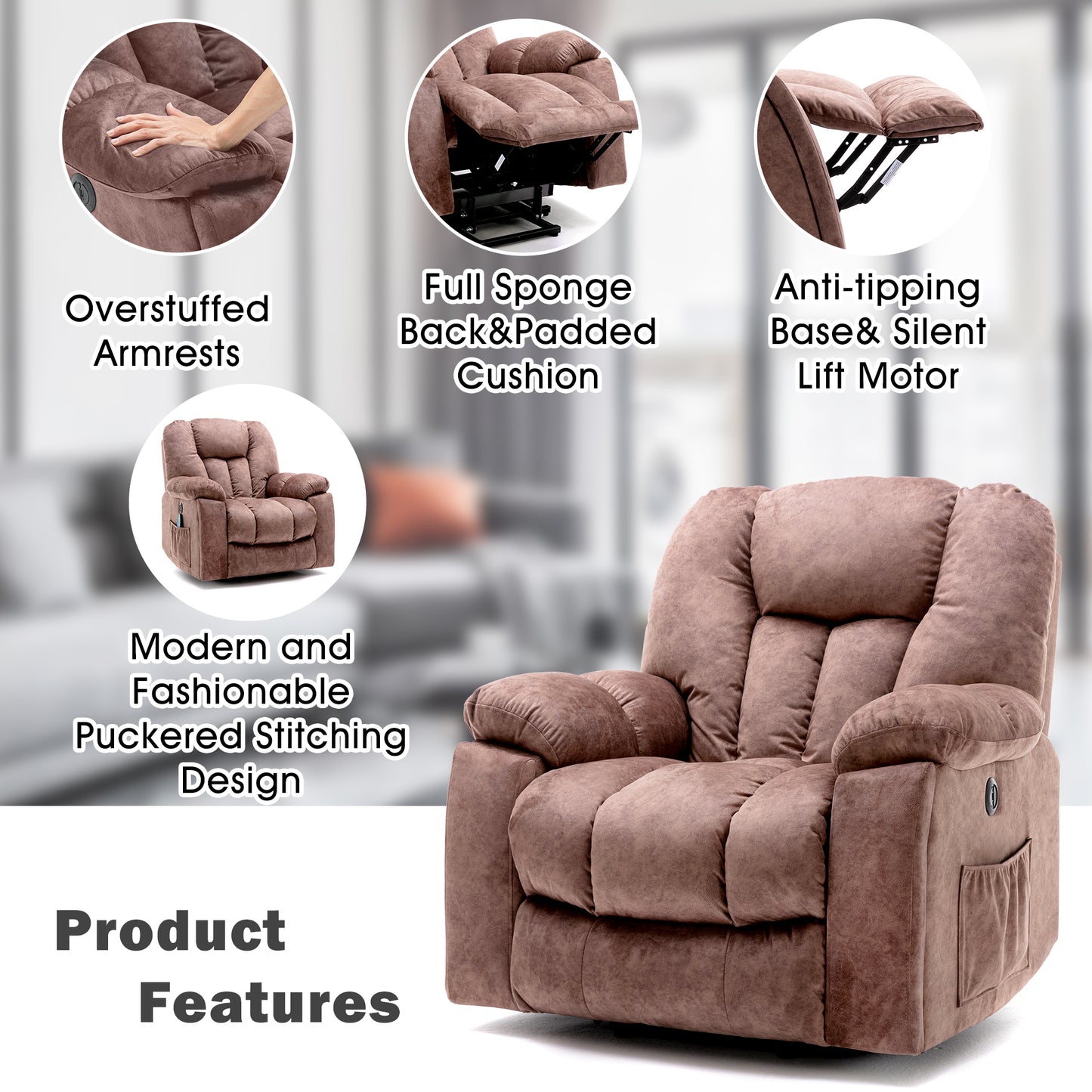 Power Massage Lift Recliner Chair with Heat & Vibration for Elderly, Heavy Duty and Safety Motion Reclining Mechanism - Antiskid Fabric Sofa Contempoary Overstuffed Design