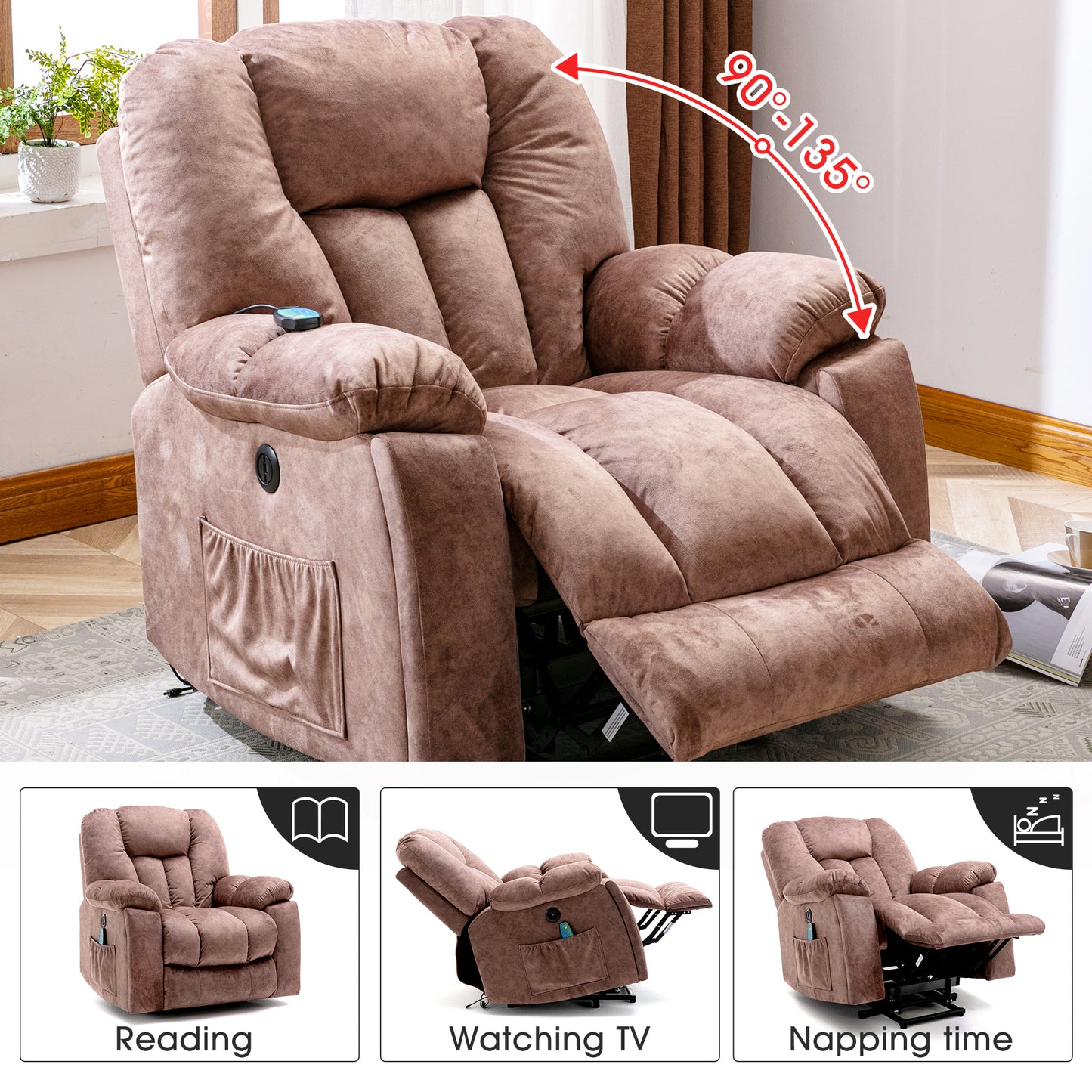 Power Massage Lift Recliner Chair with Heat & Vibration for Elderly, Heavy Duty and Safety Motion Reclining Mechanism - Antiskid Fabric Sofa Contempoary Overstuffed Design