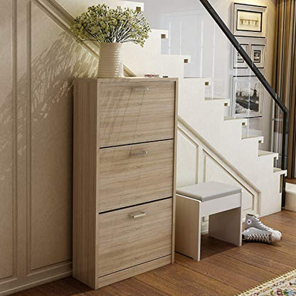 3-Drawer Wooden Shoe Storage Cabinet Cupboard Shoe Storage Organiser Unit Pull Down Wooden Furniture Wood Unit