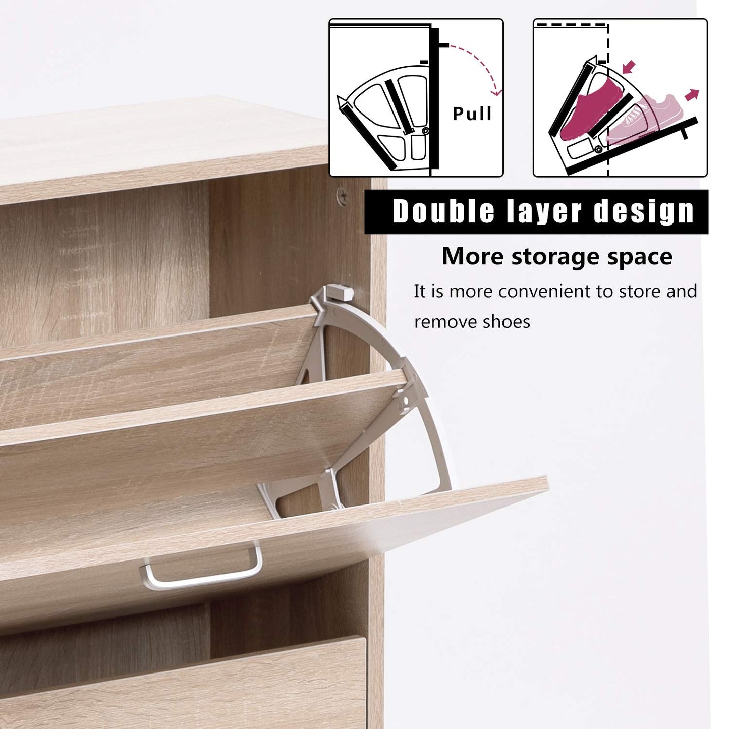 3-Drawer Wooden Shoe Storage Cabinet Cupboard Shoe Storage Organiser Unit Pull Down Wooden Furniture Wood Unit