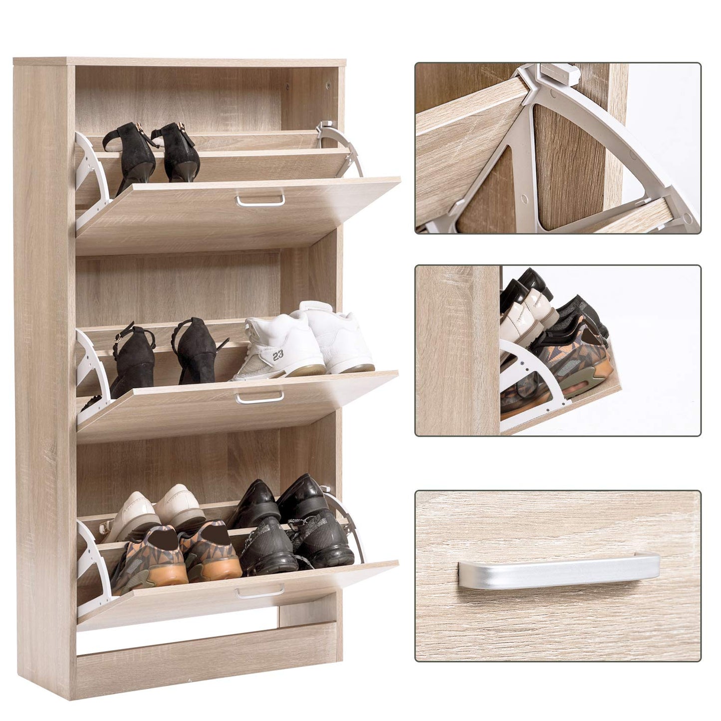 3-Drawer Wooden Shoe Storage Cabinet Cupboard Shoe Storage Organiser Unit Pull Down Wooden Furniture Wood Unit