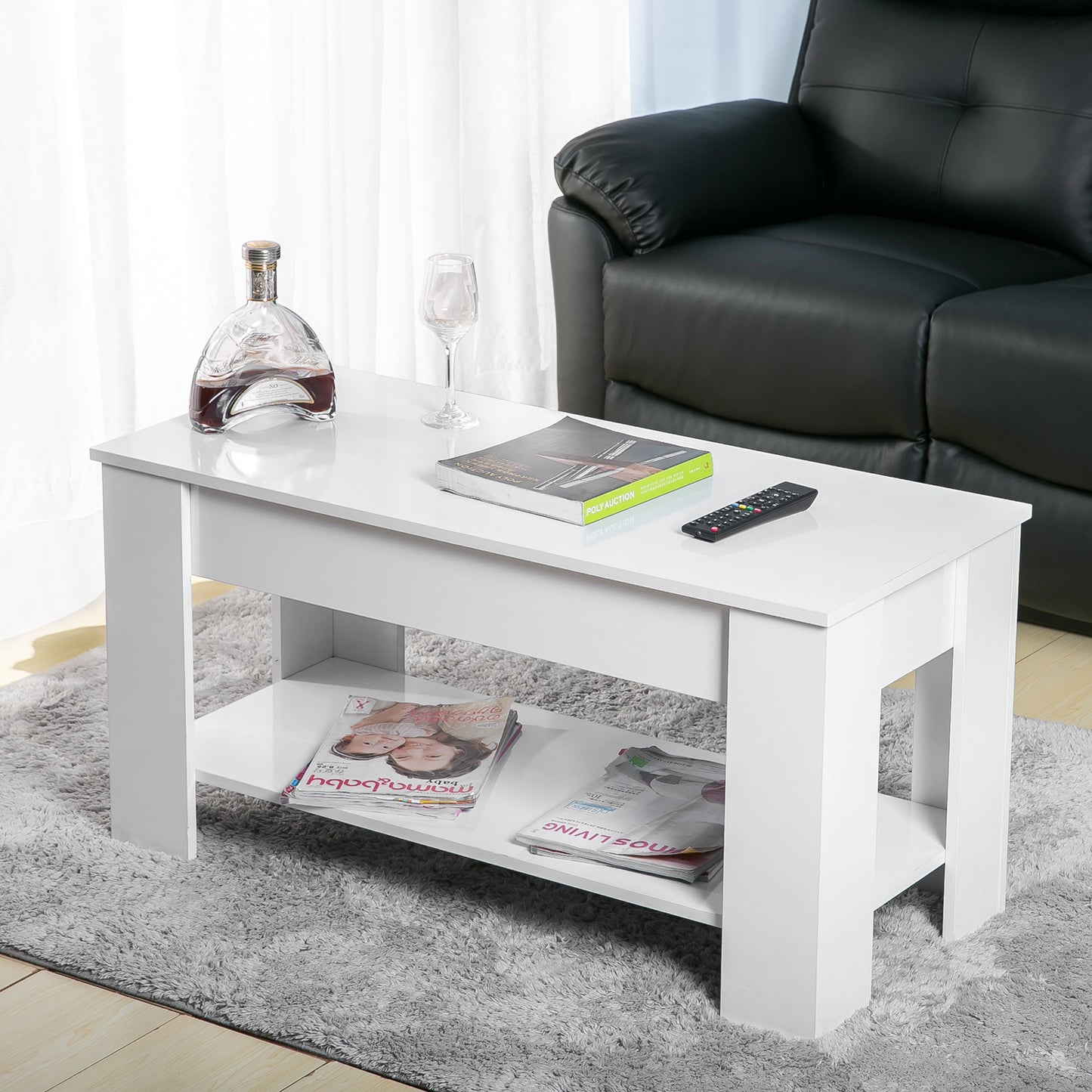 Lift up Top Coffee Table with storage and shelf living room(White)