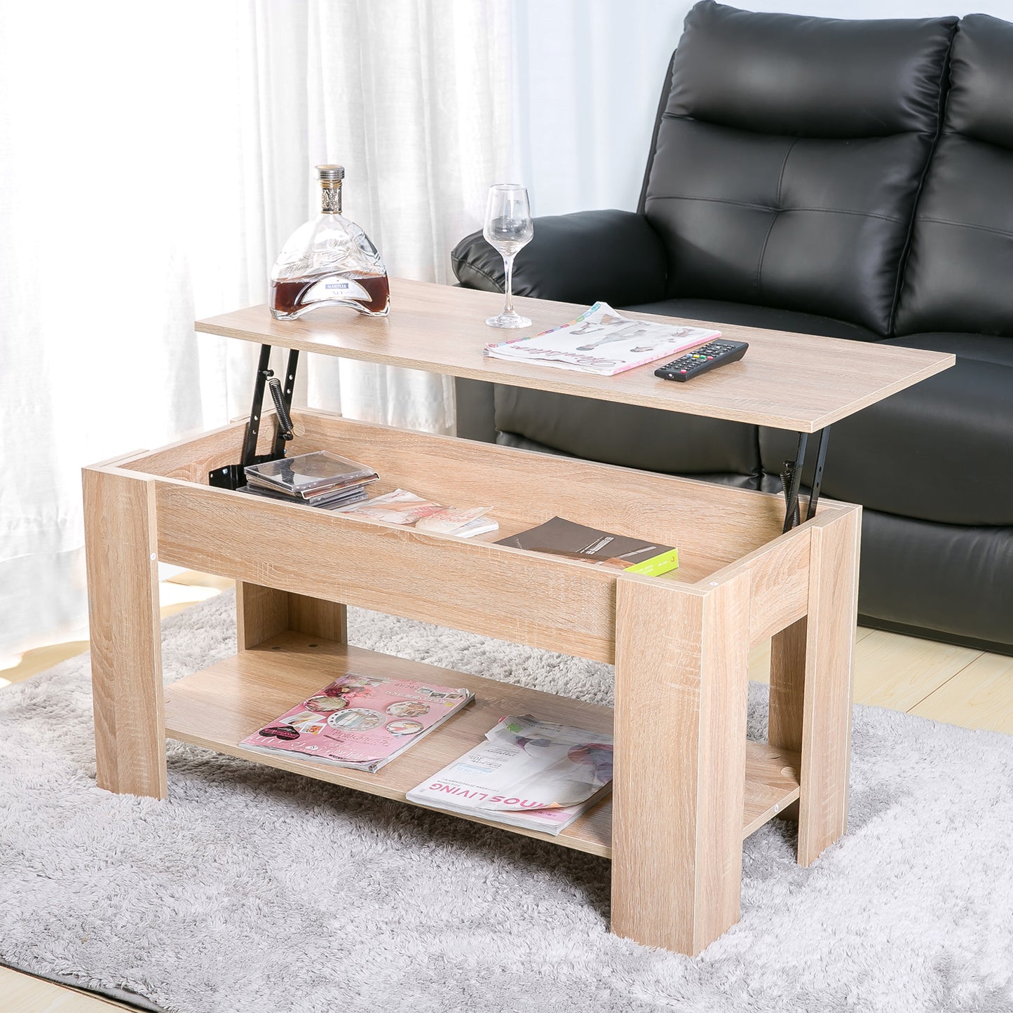 Lift up Top Coffee Table with storage and shelf living room(Oak)