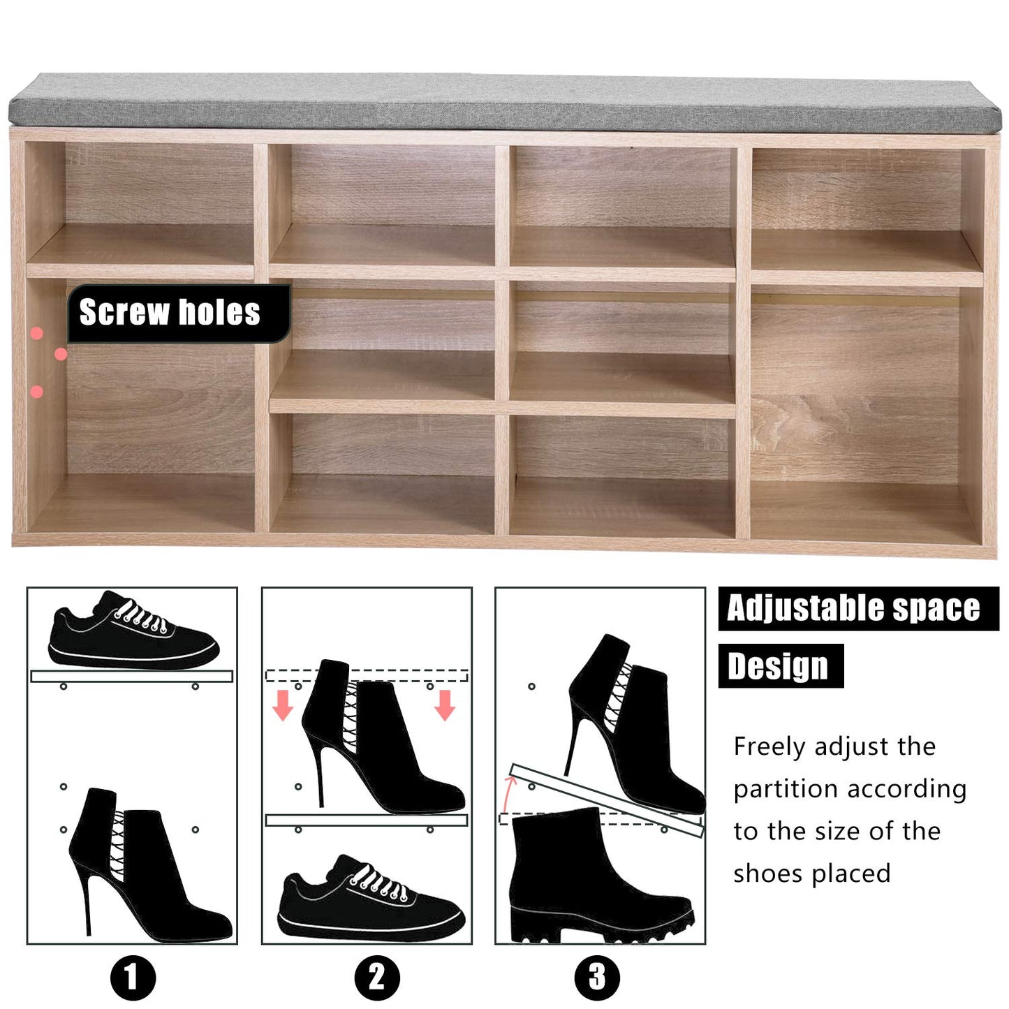 Wooden Shoe Bench Storage Shoe Cabinet Rack Hallway Cupboard Organizer with Seat Cushion 104 x 30 x 48 cm(W x D x H) (Natural, 10-Grids)