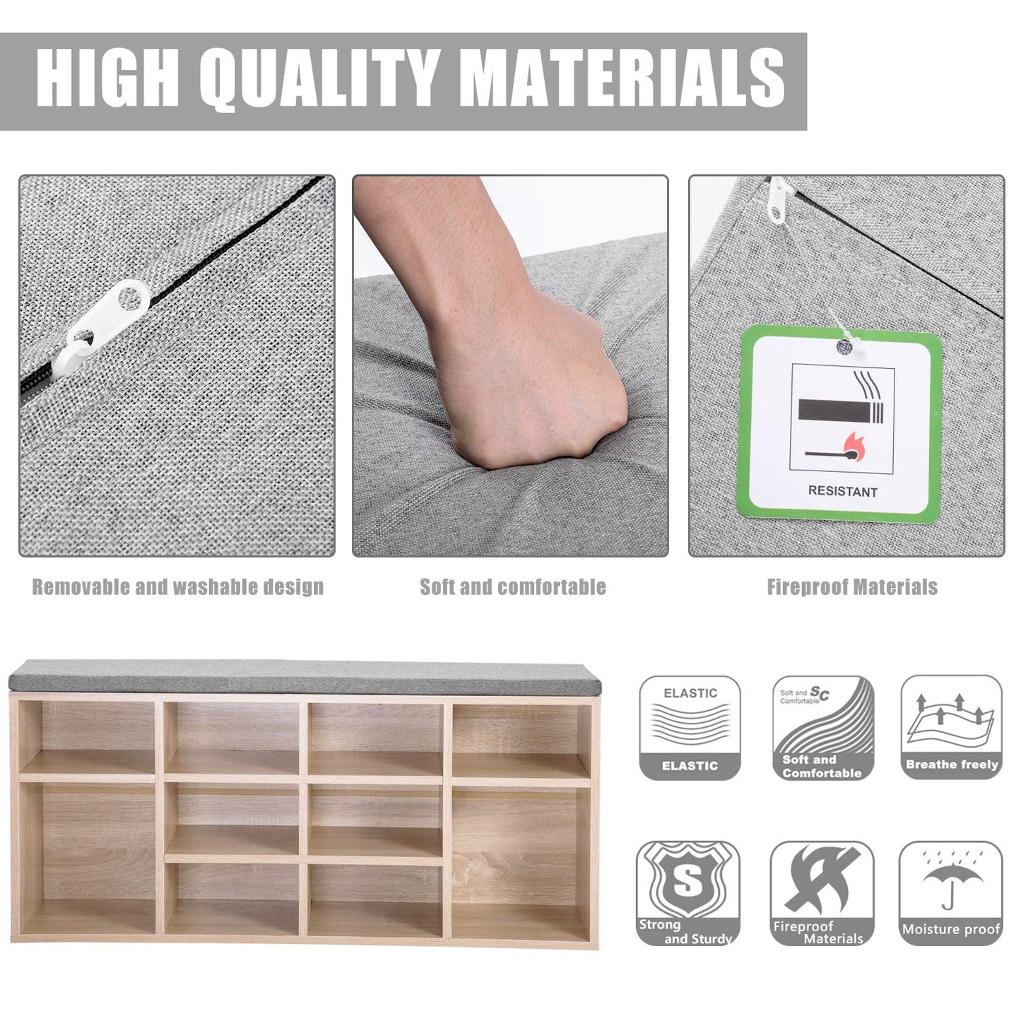 Wooden Shoe Bench Storage Shoe Cabinet Rack Hallway Cupboard Organizer with Seat Cushion 104 x 30 x 48 cm(W x D x H) (Natural, 10-Grids)