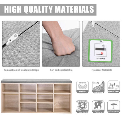 Wooden Shoe Bench Storage Shoe Cabinet Rack Hallway Cupboard Organizer with Seat Cushion 104 x 30 x 48 cm(W x D x H) (Natural, 10-Grids)