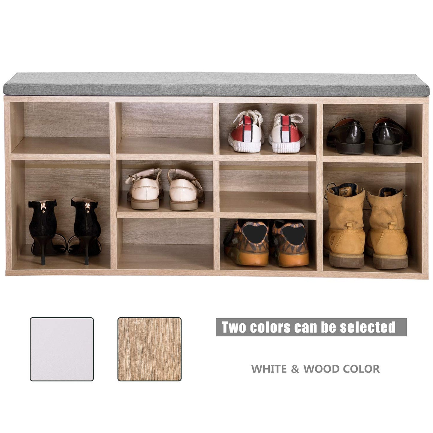 Wooden Shoe Bench Storage Shoe Cabinet Rack Hallway Cupboard Organizer with Seat Cushion 104 x 30 x 48 cm(W x D x H) (Natural, 10-Grids)