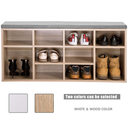 Wooden Shoe Bench Storage Shoe Cabinet Rack Hallway Cupboard Organizer with Seat Cushion 104 x 30 x 48 cm(W x D x H) (Natural, 10-Grids)