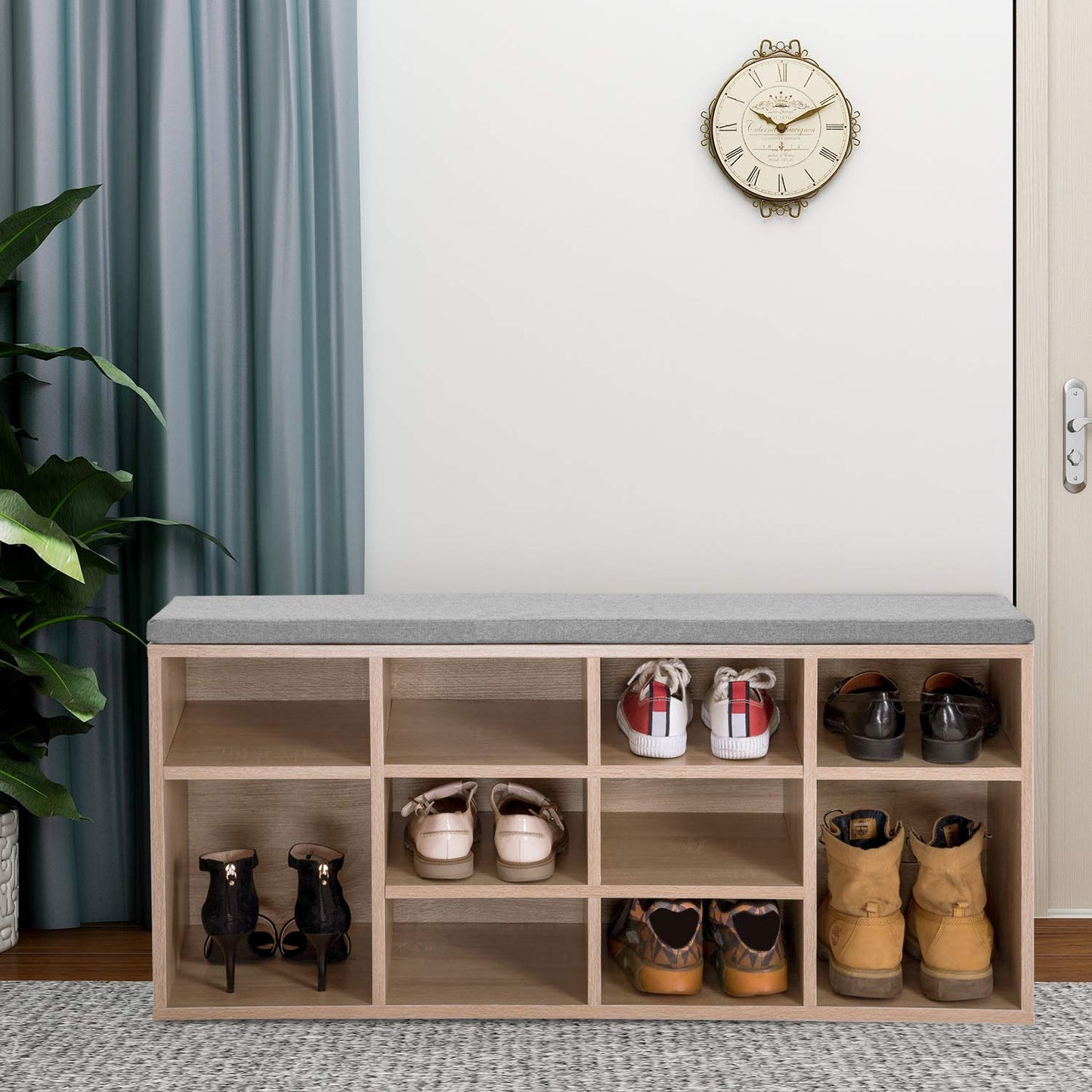 Wooden Shoe Bench Storage Shoe Cabinet Rack Hallway Cupboard Organizer with Seat Cushion 104 x 30 x 48 cm(W x D x H) (Natural, 10-Grids)